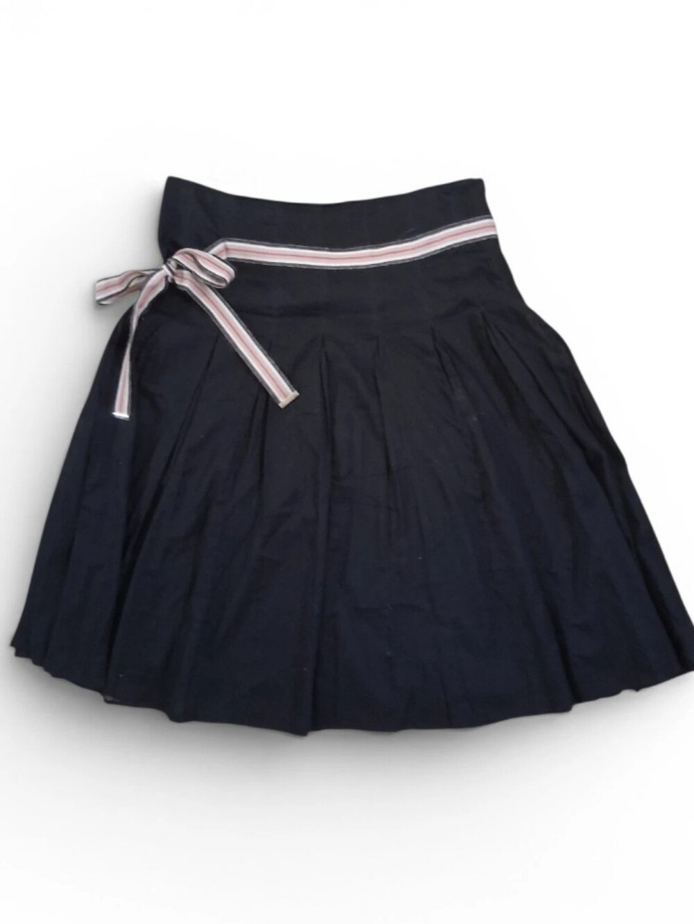 Burberry London Black Pleated Mini Skirt Iconic Stripe Tie Belt Cotton Size 4 US